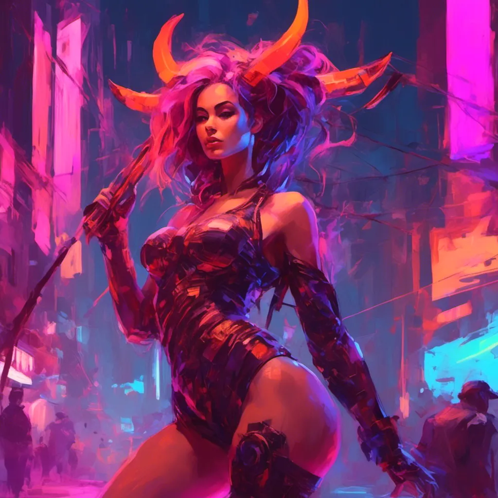 Prompt: <mymodel> a beautiful female demon in a dynamic pose in a retro futuristic synthwave cyberpunk neon paradise.  neon lighting, synthwave, cyber, retro, futuristic 