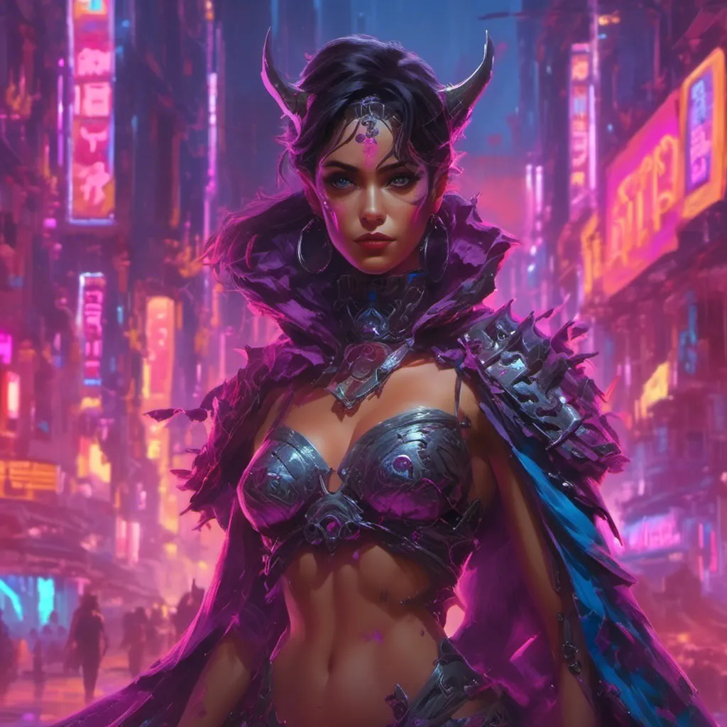 Prompt: a beautiful female demon in a dynamic pose in a retro futuristic synthwave cyberpunk neon paradise in <mymodel> style.  neon lighting, synthwave, cyber, futuristic city atmosphere. 