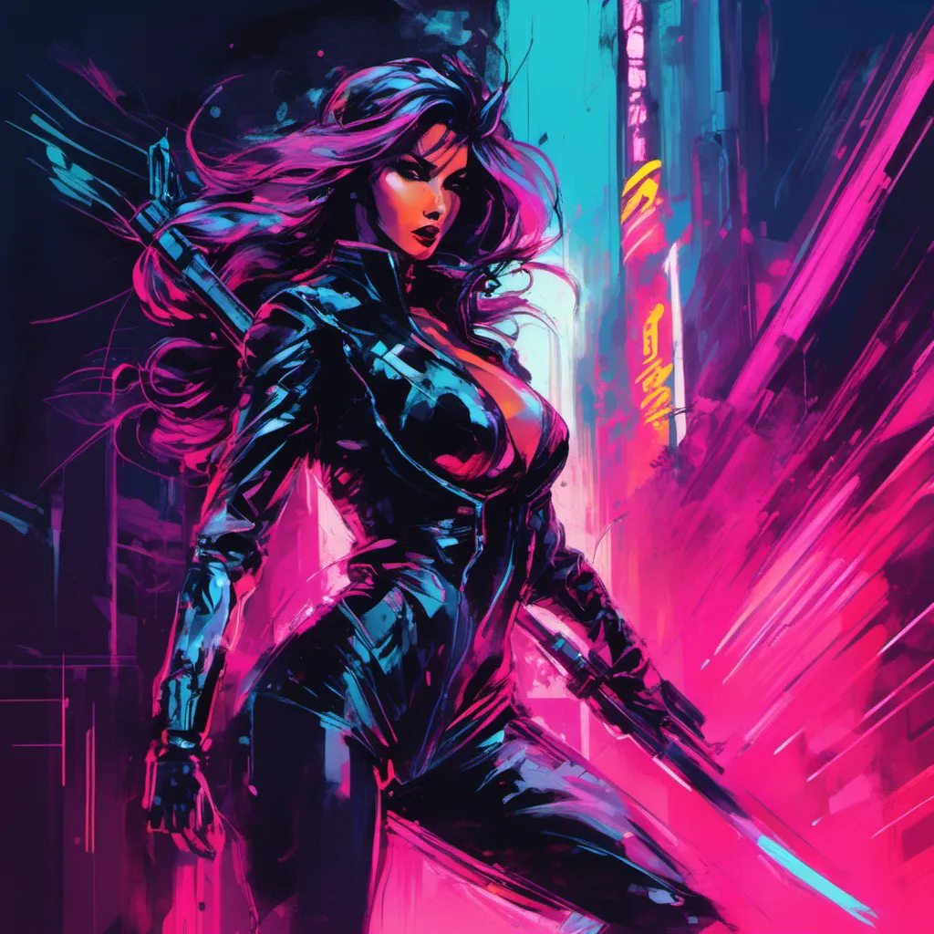 Prompt: Modern sumi-e speed style, dynamic brush strokes, a beautiful female demon in a dynamic pose in a retro futuristic synthwave cyberpunk neon paradise in <mymodel> style.  neon lighting, synthwave, cyber, futuristic city atmosphere, art, illustrated, stylized. 