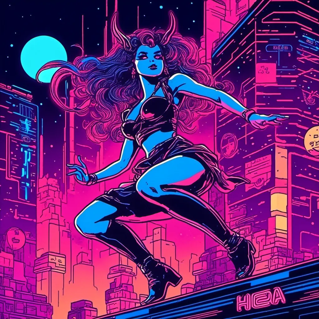 Prompt: <mymodel> a beautiful female demon in a dynamic pose in a retro futuristic synthwave cyberpunk neon paradise.  neon lighting, synthwave, cyber, retro, futuristic 