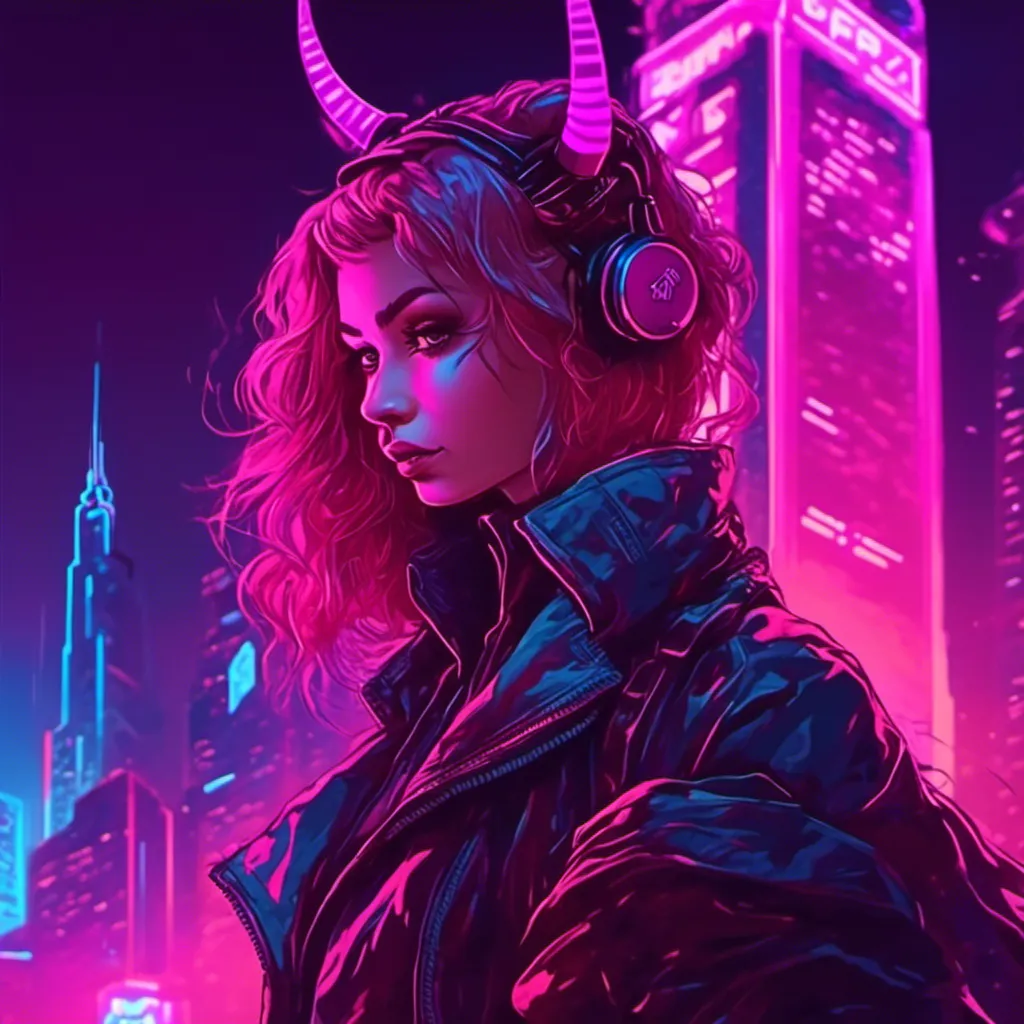 Prompt: a beautiful female demon in a dynamic pose in a retro futuristic synthwave cyberpunk neon paradise in <mymodel> style.  neon lighting, synthwave, cyber, futuristic city atmosphere. 