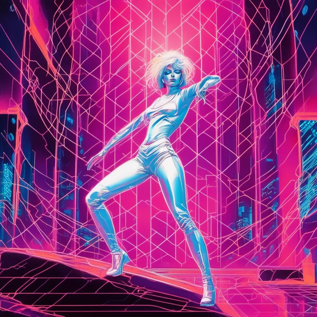 Prompt: a beautiful white female demon in a dynamic pose in a retro futuristic synthwave cyberpunk neon paradise in <mymodel> style.  neon lighting, synthwave, cyber, futuristic city atmosphere, art, illustrated, stylized. 