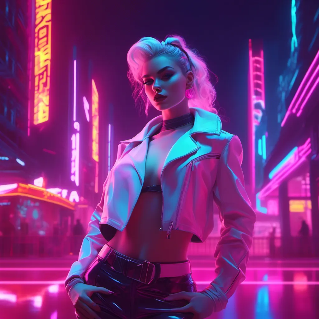 Prompt: a beautiful white female demon in a dynamic pose in a retro futuristic synthwave cyberpunk neon paradise in <mymodel> style.  neon lighting, synthwave, cyber, futuristic city atmosphere. 