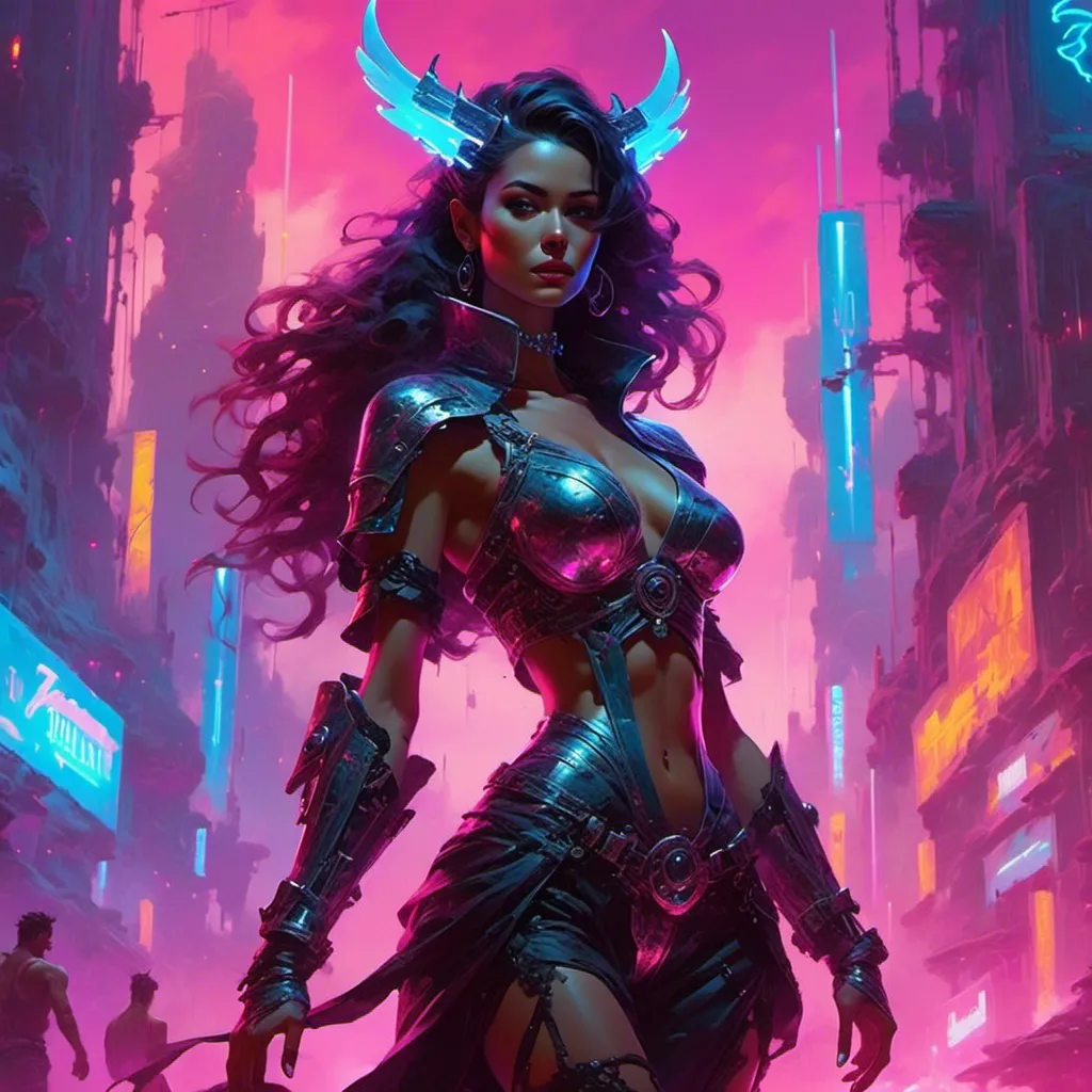 Prompt: a beautiful female demon in a dynamic pose in a retro futuristic synthwave cyberpunk neon paradise in <mymodel> style.  neon lighting, synthwave, cyber, futuristic city atmosphere. 