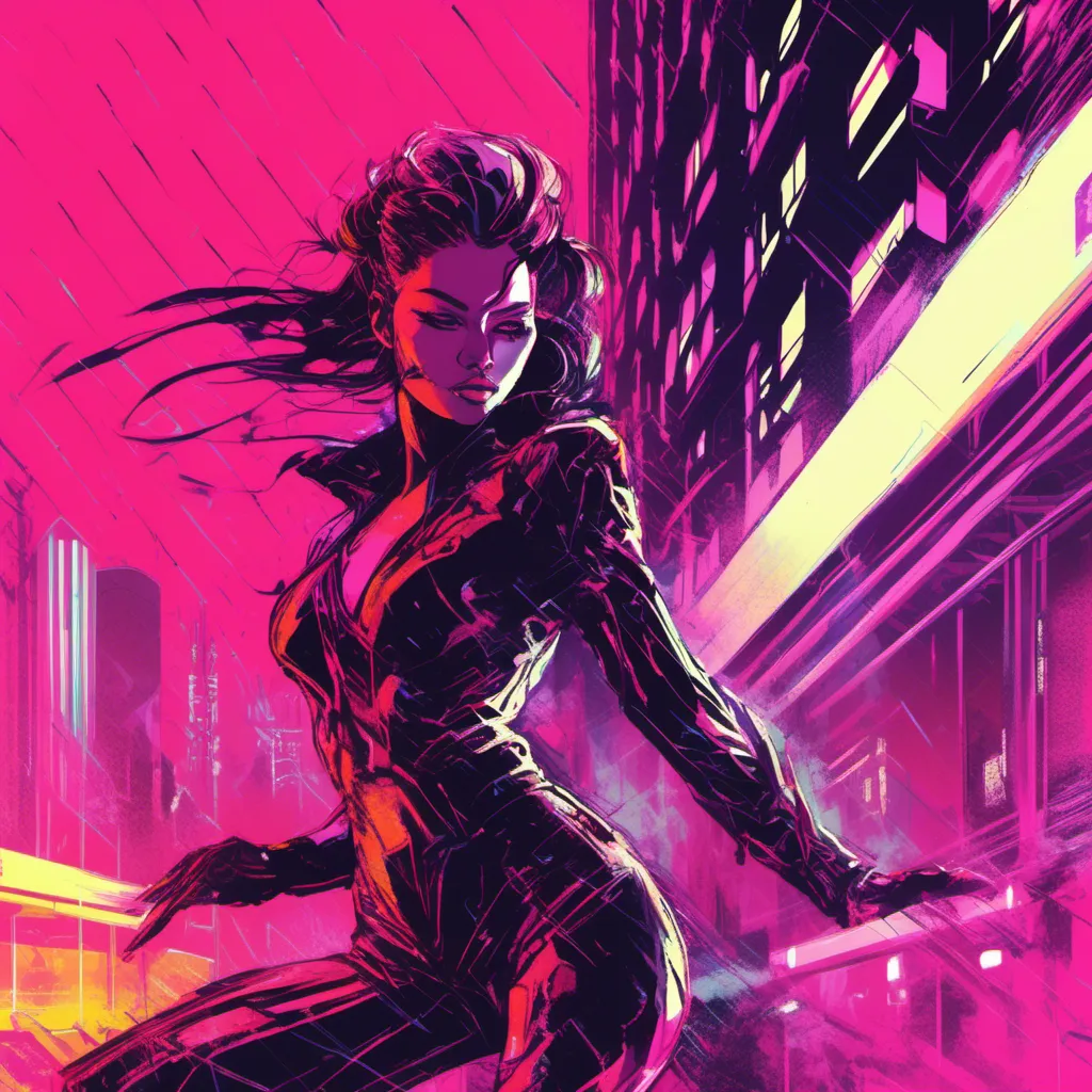 Prompt: Modern sumi-e speed style, dynamic brush strokes, a beautiful female demon in a dynamic pose in a retro futuristic synthwave cyberpunk neon paradise in <mymodel> style.  neon lighting, synthwave, cyber, futuristic city atmosphere, art, illustrated, stylized. 