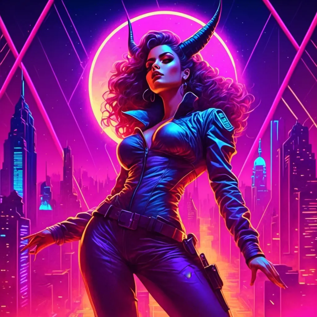 Prompt: a beautiful female demon in a dynamic pose in a retro futuristic synthwave cyberpunk neon paradise in <mymodel> style.  neon lighting, synthwave, cyber, futuristic city atmosphere. 