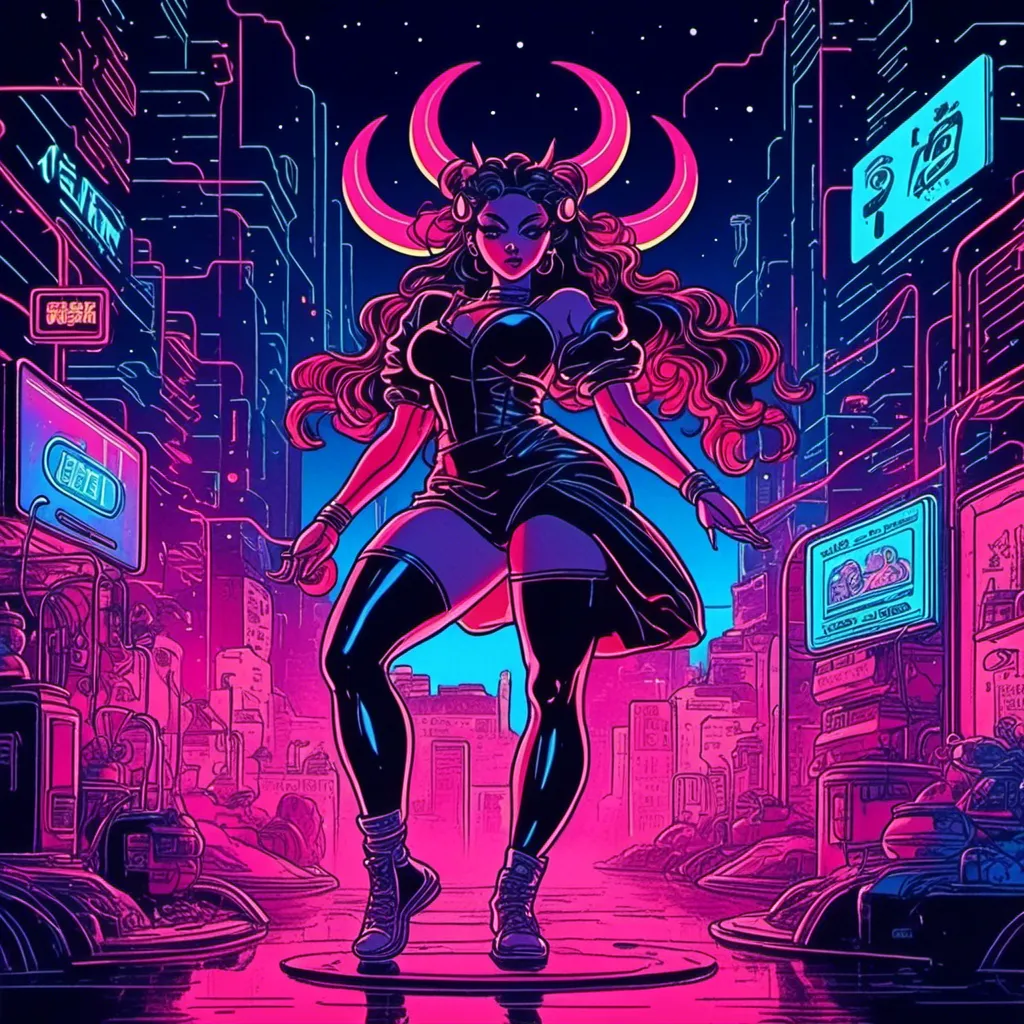 Prompt: <mymodel> a beautiful female demon in a dynamic pose in a retro futuristic synthwave cyberpunk neon paradise.  neon lighting, synthwave, cyber, retro, futuristic 