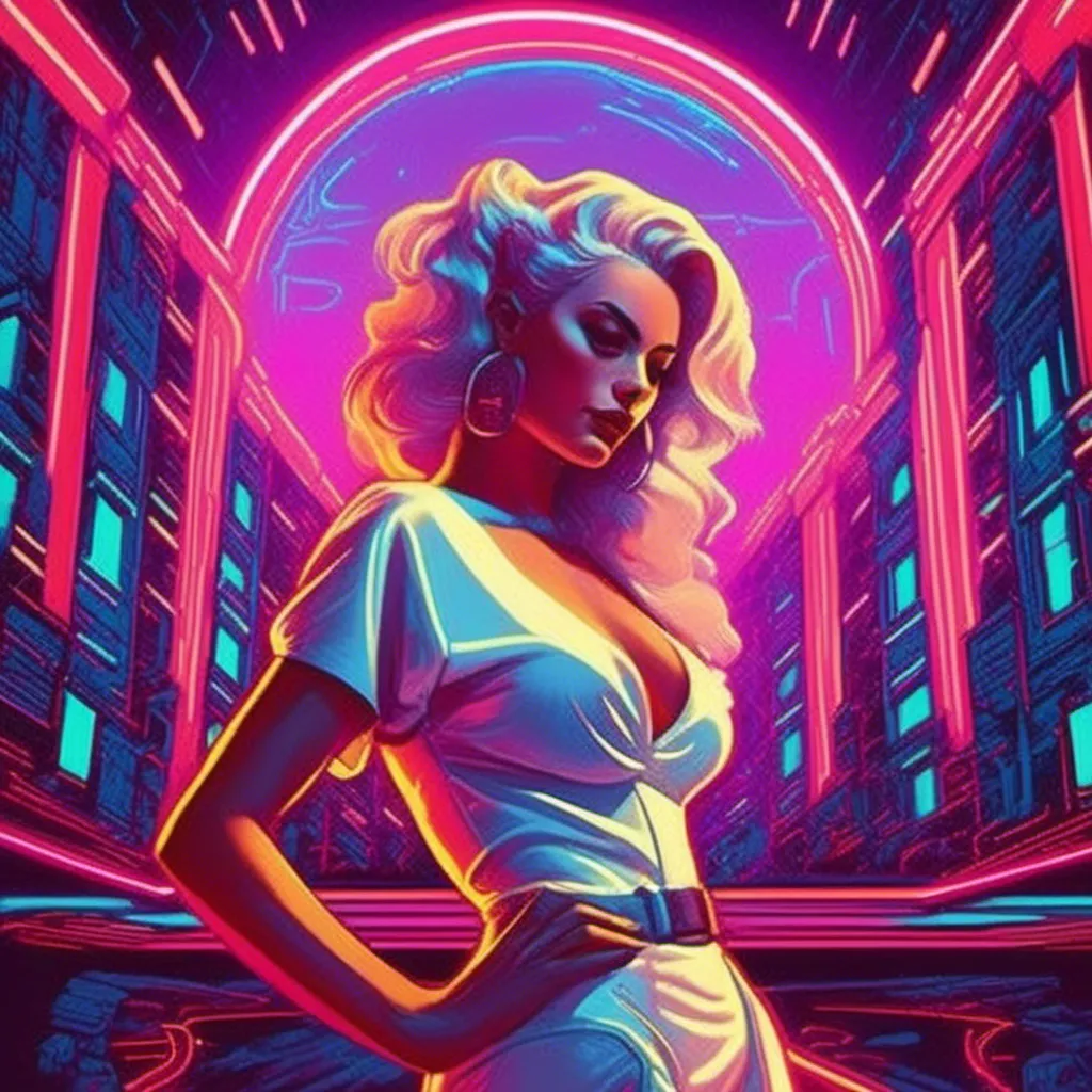 Prompt: a beautiful white female demon in a dynamic pose in a retro futuristic synthwave cyberpunk neon paradise in <mymodel> style.  neon lighting, synthwave, cyber, futuristic city atmosphere, art, illustrated, style. 