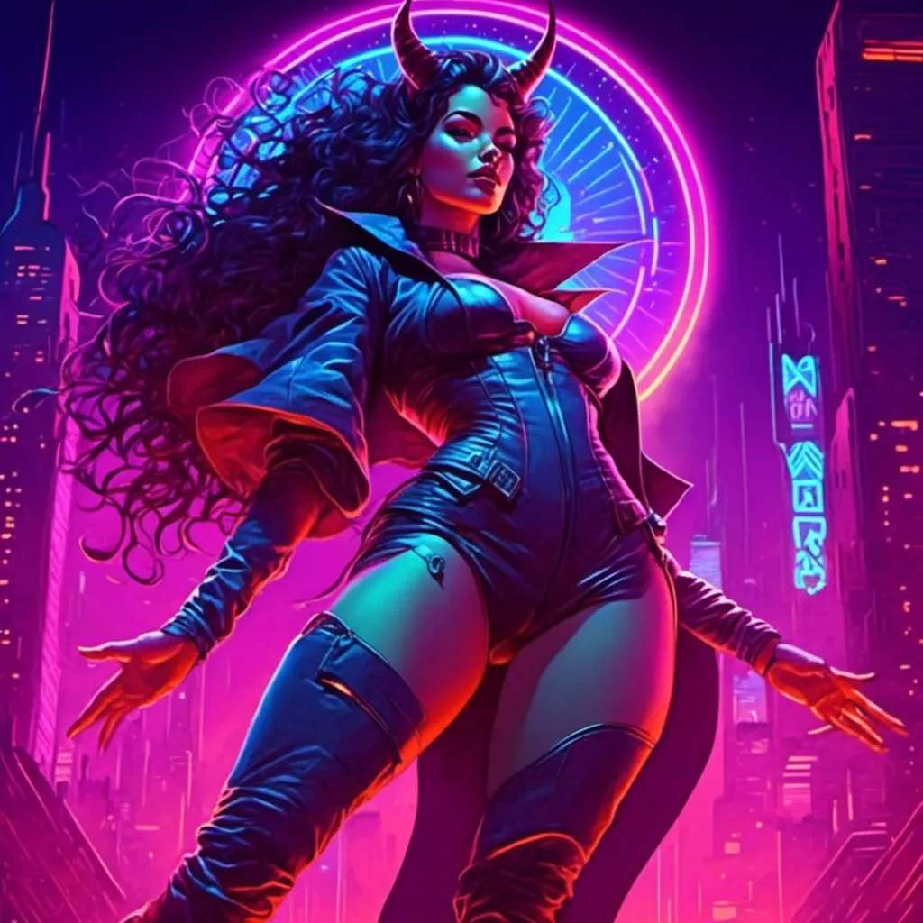 Prompt: a beautiful female demon in a dynamic pose in a retro futuristic synthwave cyberpunk neon paradise in <mymodel> style.  neon lighting, synthwave, cyber, futuristic city atmosphere. 