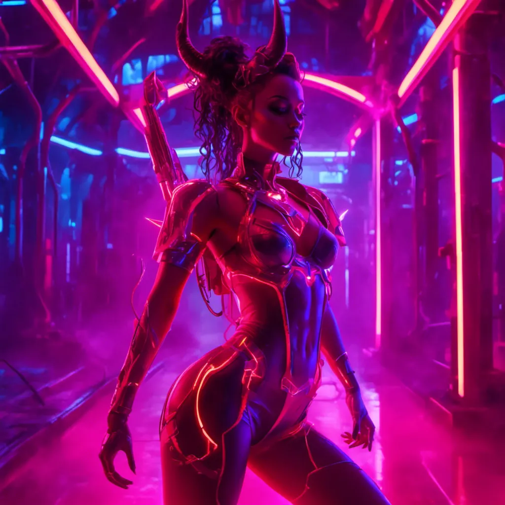 Prompt: a beautiful female demon in a dynamic pose in a retro futuristic synthwave cyberpunk neon paradise in <mymodel> style.  neon lighting, synthwave, cyber, retro, futuristic city atmosphere. 