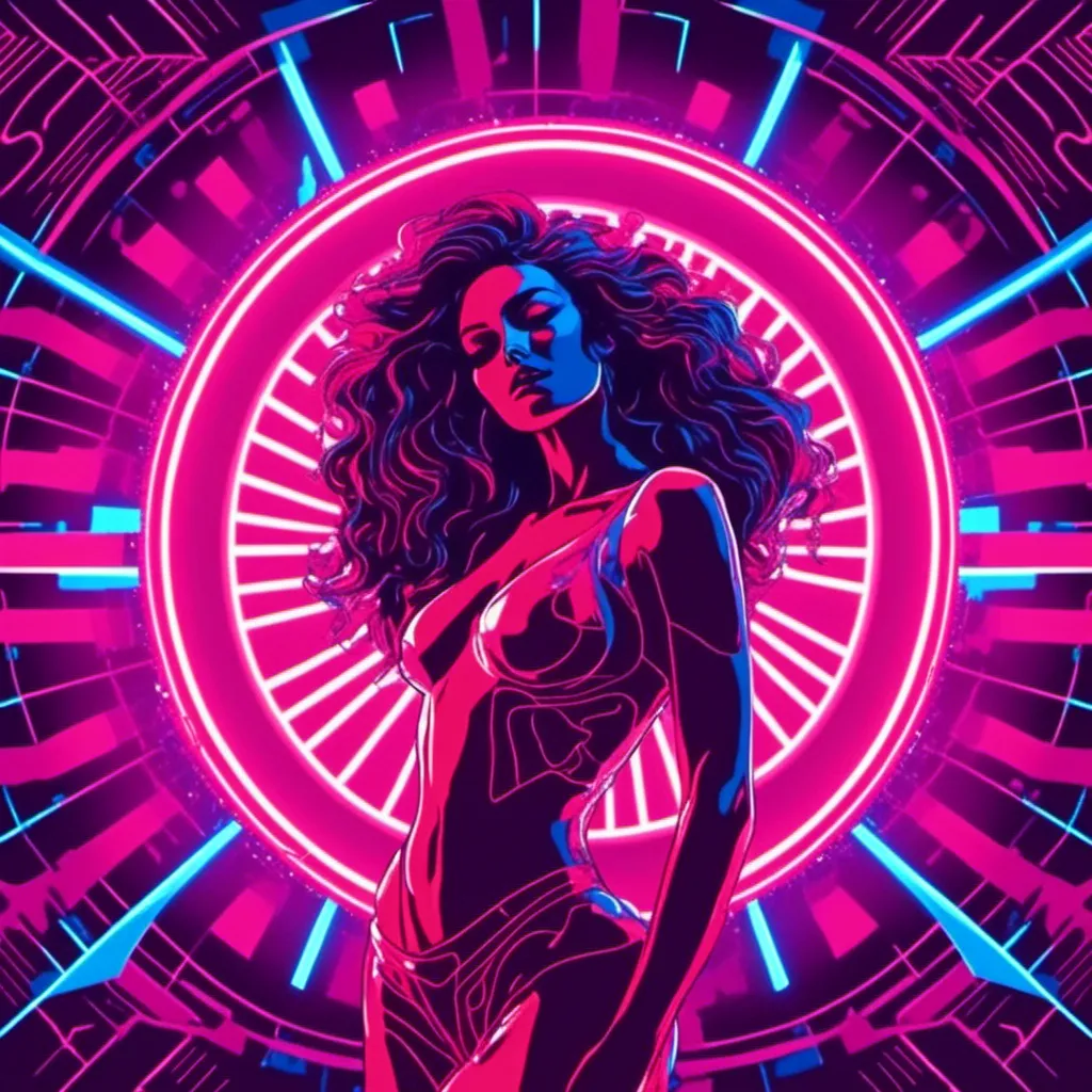 Prompt: a beautiful female demon in a dynamic pose in a retro futuristic synthwave cyberpunk neon paradise in <mymodel> style.  neon lighting, synthwave, cyber, futuristic city atmosphere. 