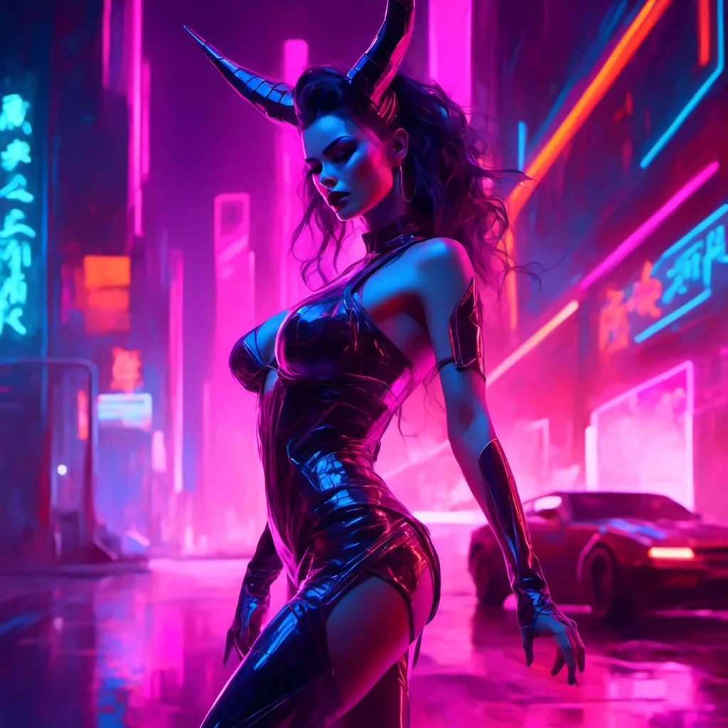 Prompt: a beautiful female demon in a dynamic pose in a retro futuristic synthwave cyberpunk neon paradise in <mymodel> style.  neon lighting, synthwave, cyber, retro, futuristic city atmosphere. 