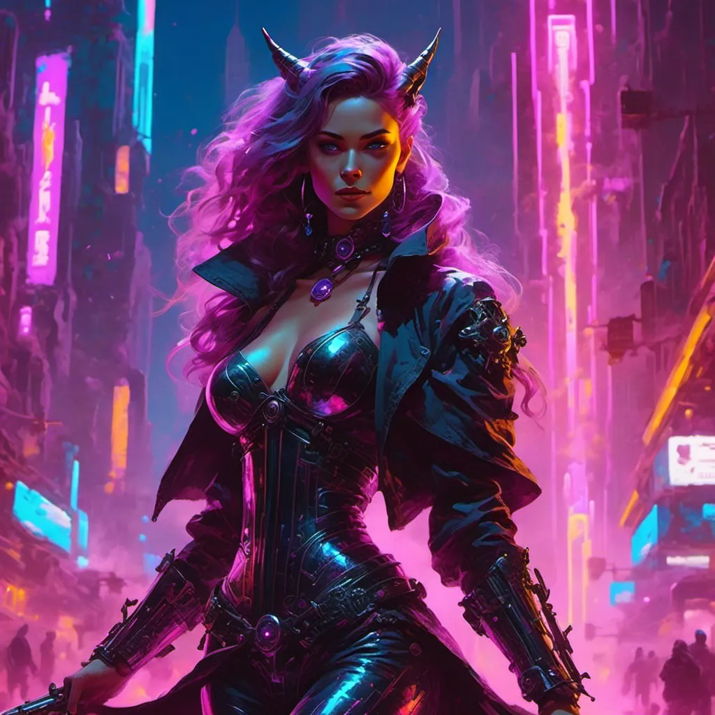 Prompt: a beautiful female demon in a dynamic pose in a retro futuristic synthwave cyberpunk neon paradise in <mymodel> style.  neon lighting, synthwave, cyber, futuristic city atmosphere. 