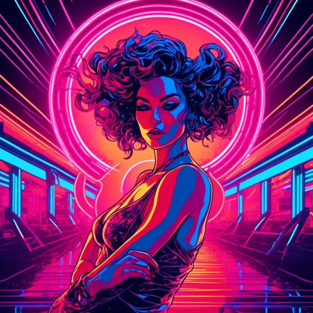 Prompt: a beautiful female demon in a dynamic pose in a retro futuristic synthwave cyberpunk neon paradise in <mymodel> style.  neon lighting, synthwave, cyber, futuristic city atmosphere. 