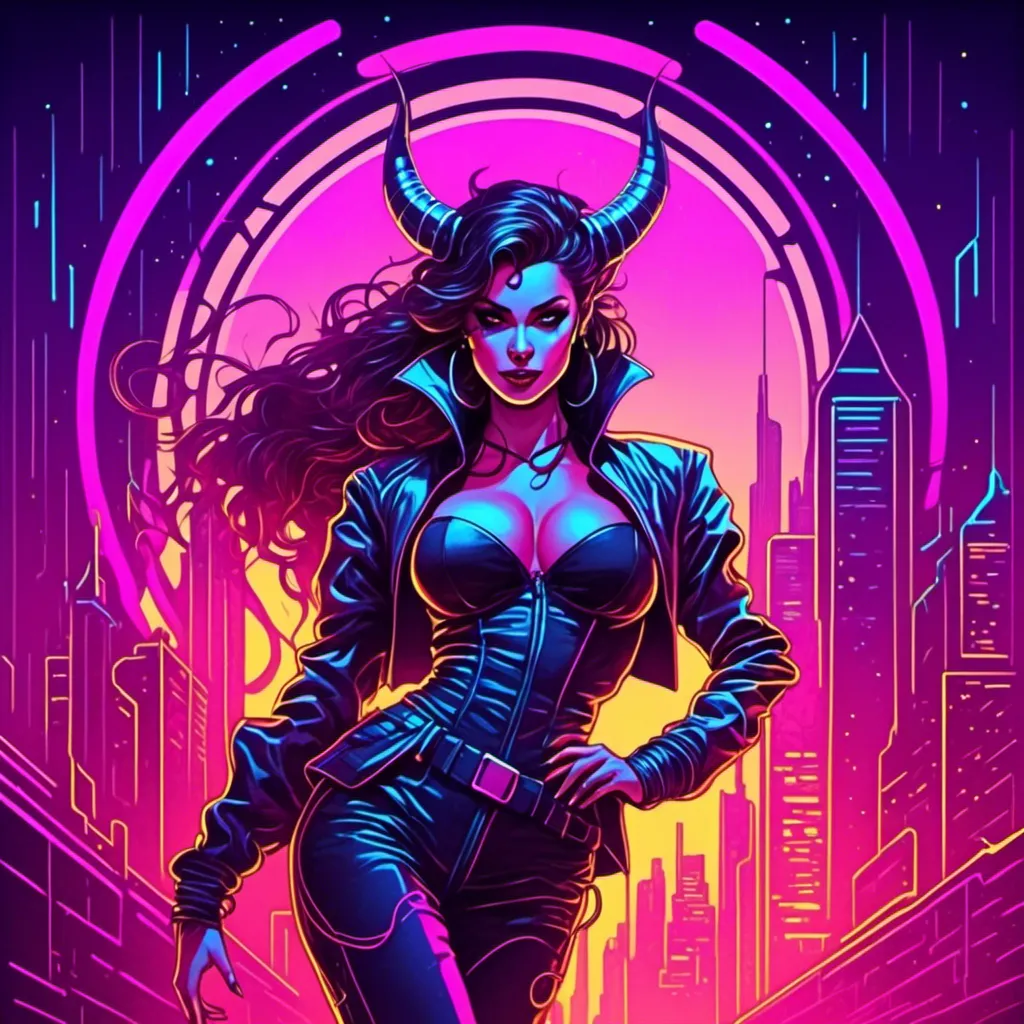 Prompt: a beautiful female demon in a dynamic pose in a retro futuristic synthwave cyberpunk neon paradise in <mymodel> style.  neon lighting, synthwave, cyber, futuristic city atmosphere. 