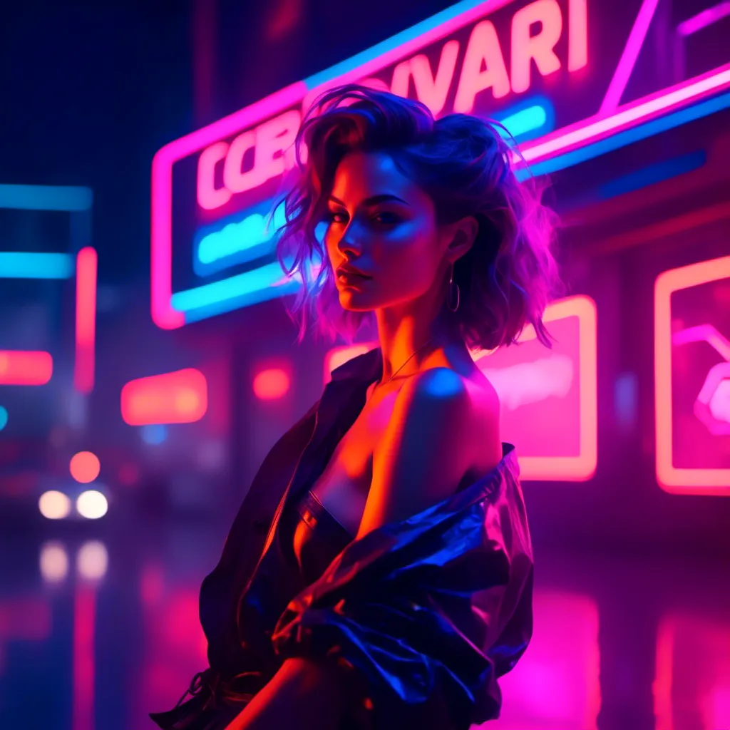 Prompt: <mymodel> a beautiful female demon in a dynamic pose in a retro futuristic synthwave cyberpunk neon paradise.  neon lighting, synthwave, cyber, retro, futuristic 