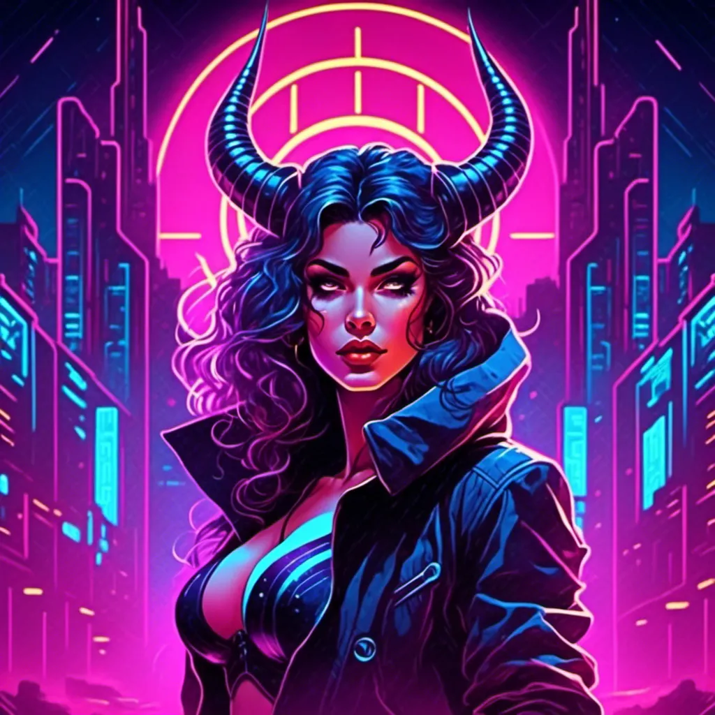 Prompt: a beautiful female demon in a dynamic pose in a retro futuristic synthwave cyberpunk neon paradise in <mymodel> style.  neon lighting, synthwave, cyber, futuristic city atmosphere. 