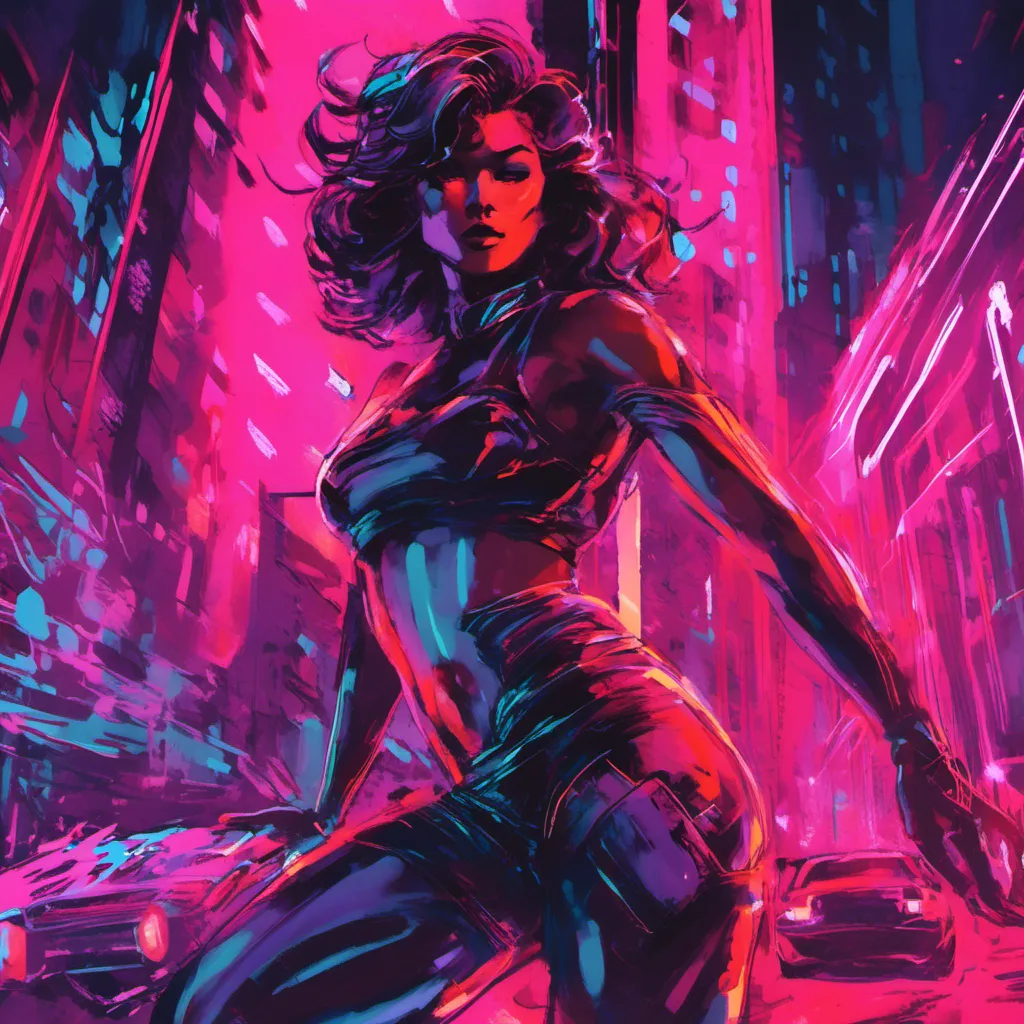 Prompt: Modern sumi-e speed style, dynamic brush strokes, a beautiful female demon in a dynamic pose in a retro futuristic synthwave cyberpunk neon paradise in <mymodel> style.  neon lighting, synthwave, cyber, futuristic city atmosphere, art, illustrated, stylized. 