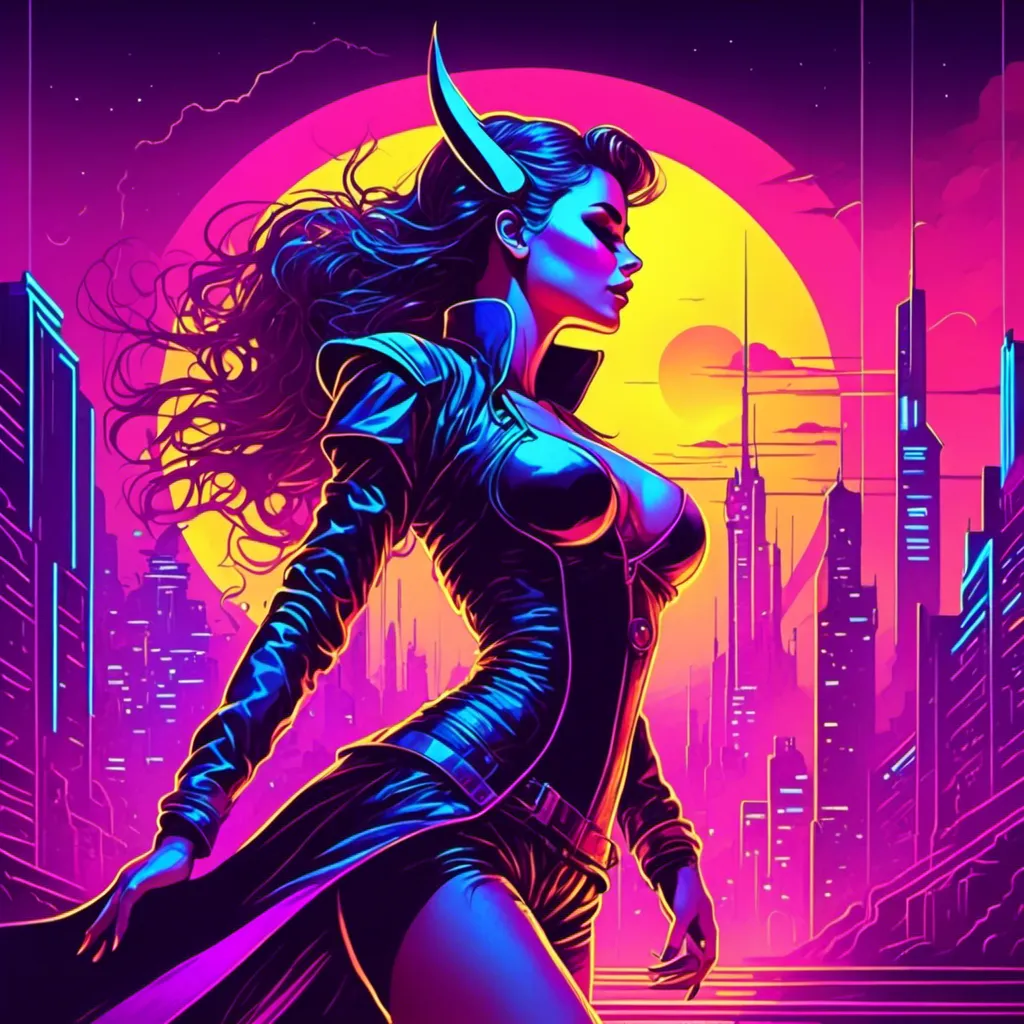 Prompt: a beautiful female demon in a dynamic pose in a retro futuristic synthwave cyberpunk neon paradise in <mymodel> style.  neon lighting, synthwave, cyber, futuristic city atmosphere. 