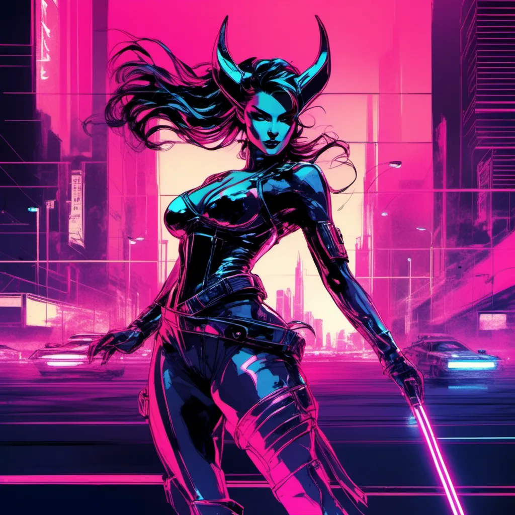 Prompt: Modern sumi-e speed style, dynamic brush strokes, a beautiful female demon in a dynamic pose in a retro futuristic synthwave cyberpunk neon paradise in <mymodel> style.  neon lighting, synthwave, cyber, futuristic city atmosphere, art, illustrated, stylized. 