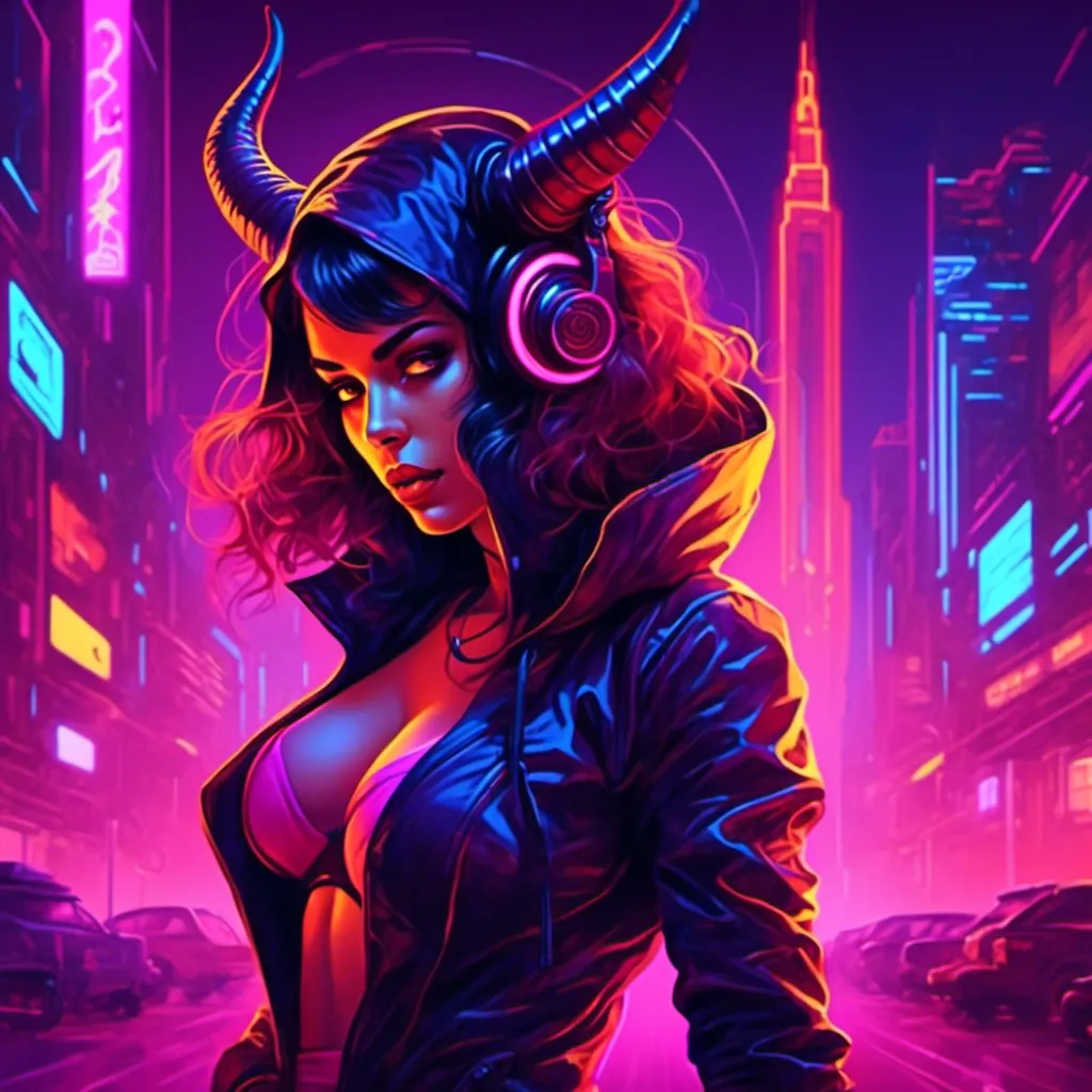 Prompt: a beautiful female demon in a dynamic pose in a retro futuristic synthwave cyberpunk neon paradise in <mymodel> style.  neon lighting, synthwave, cyber, futuristic city atmosphere. 