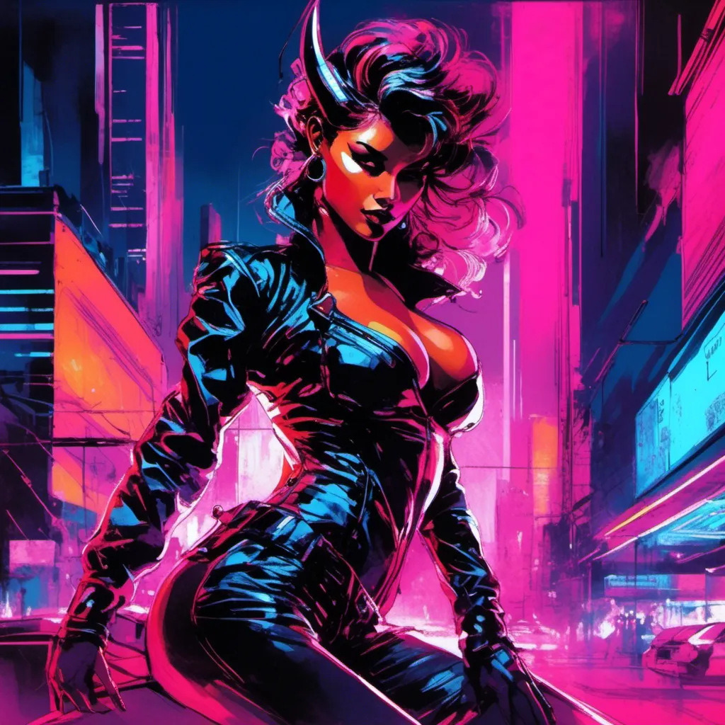 Prompt: Modern sumi-e speed style, dynamic brush strokes, a beautiful female demon in a dynamic pose in a retro futuristic synthwave cyberpunk neon paradise in <mymodel> style.  neon lighting, synthwave, cyber, futuristic city atmosphere, art, illustrated, stylized. 