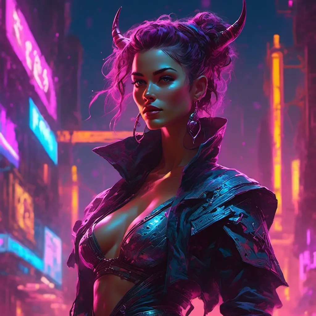 Prompt: a beautiful female demon in a dynamic pose in a retro futuristic synthwave cyberpunk neon paradise in <mymodel> style.  neon lighting, synthwave, cyber, futuristic city atmosphere. 