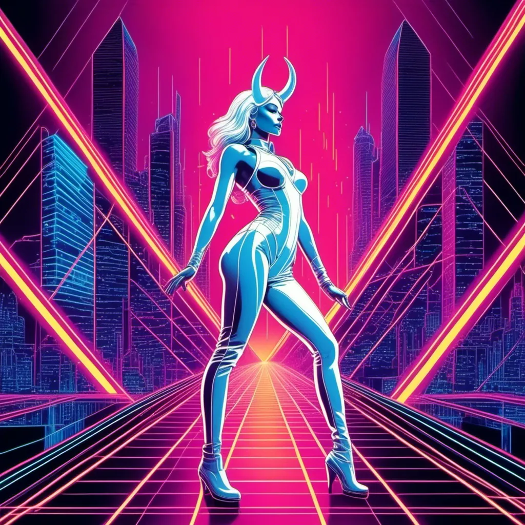 Prompt: a beautiful white female demon in a dynamic pose in a retro futuristic synthwave cyberpunk neon paradise in <mymodel> style.  neon lighting, synthwave, cyber, futuristic city atmosphere, art, illustrated, stylized. 