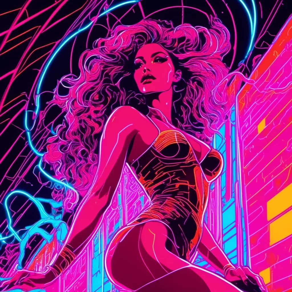 Prompt: a beautiful female demon in a dynamic pose in a retro futuristic synthwave cyberpunk neon paradise in <mymodel> style.  neon lighting, synthwave, cyber, futuristic city atmosphere. 