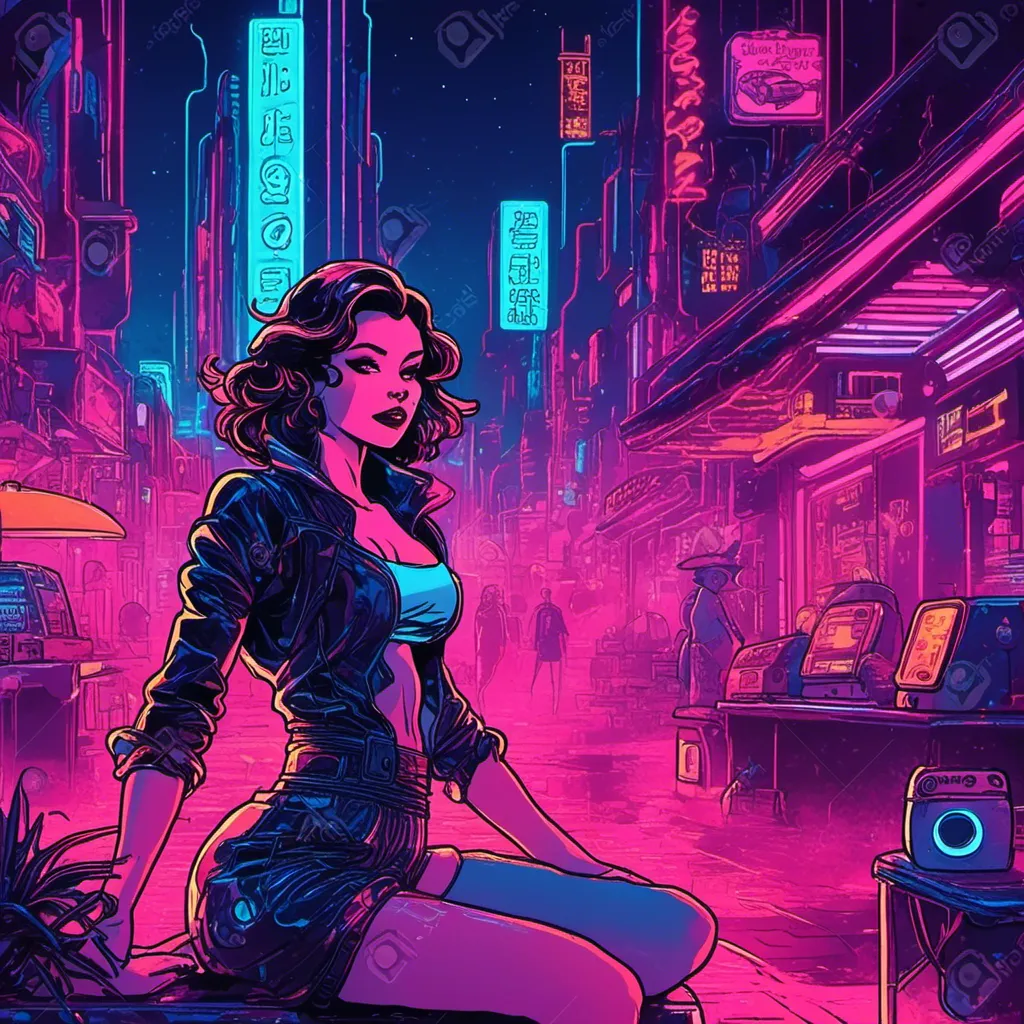 Prompt: a beautiful female demon in a dynamic pose in a retro futuristic synthwave cyberpunk neon paradise in <mymodel> style.  neon lighting, synthwave, cyber, futuristic city atmosphere. 