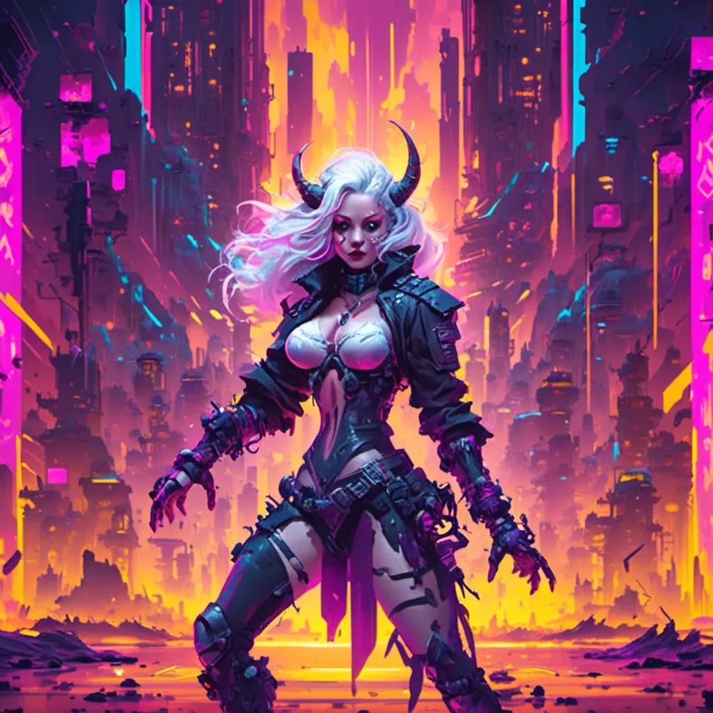 Prompt: a beautiful white female demon in a dynamic pose in a retro futuristic synthwave cyberpunk neon paradise in <mymodel> style.  neon lighting, synthwave, cyber, futuristic city atmosphere, art, illustrated, style. 