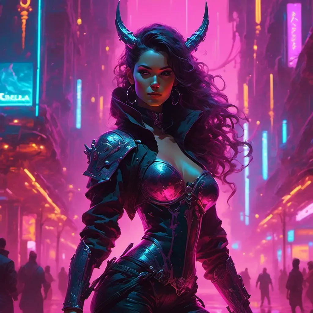 Prompt: a beautiful female demon in a dynamic pose in a retro futuristic synthwave cyberpunk neon paradise in <mymodel> style.  neon lighting, synthwave, cyber, futuristic city atmosphere. 