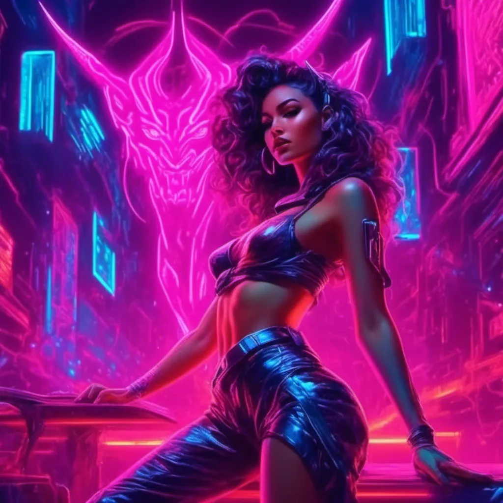 Prompt: a beautiful female demon in a dynamic pose in a retro futuristic synthwave cyberpunk neon paradise in <mymodel> style.  neon lighting, synthwave, cyber, futuristic city atmosphere, art, illustrated, stylized. 