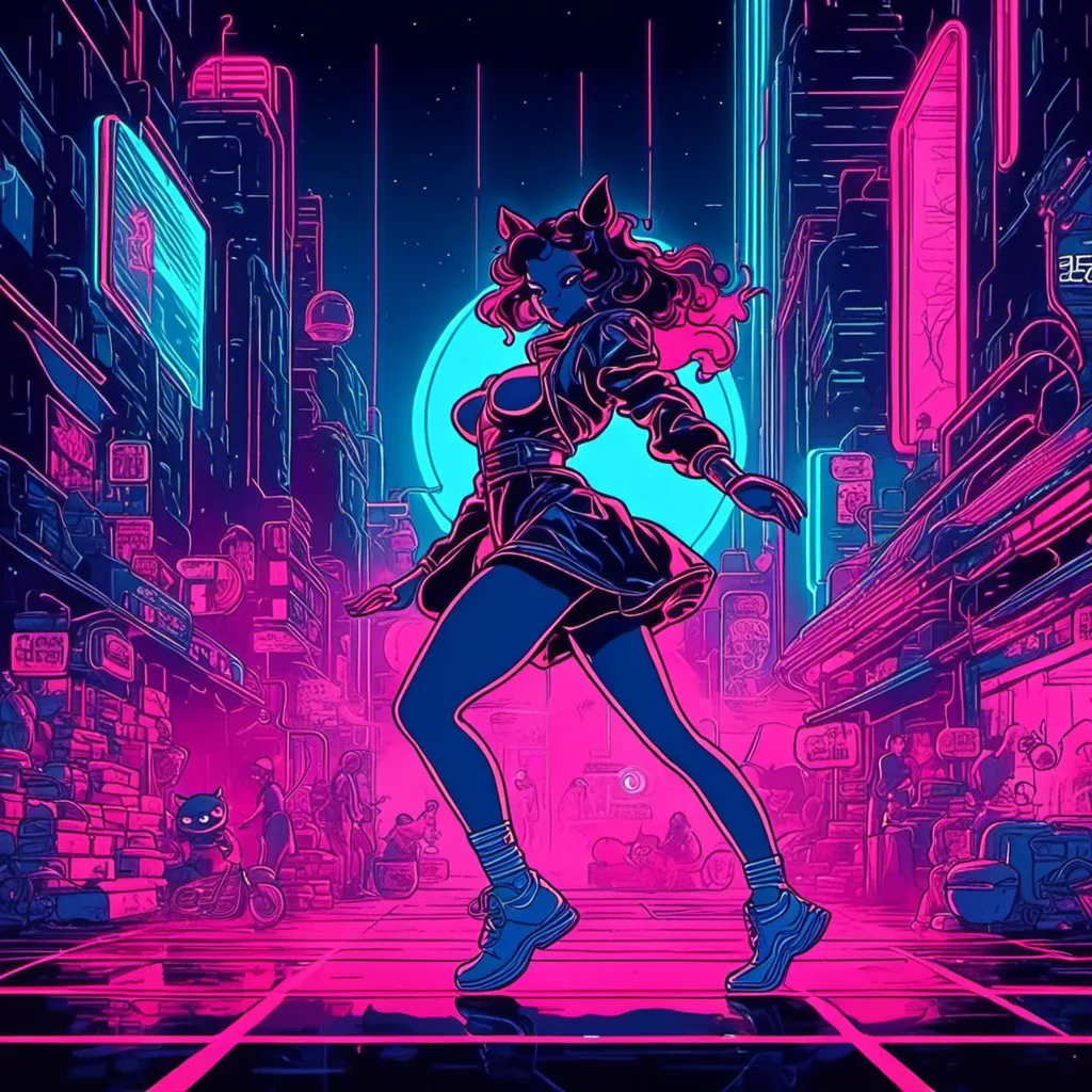 Prompt: <mymodel> a beautiful female demon in a dynamic pose in a retro futuristic synthwave cyberpunk neon paradise.  neon lighting, synthwave, cyber, retro, futuristic 