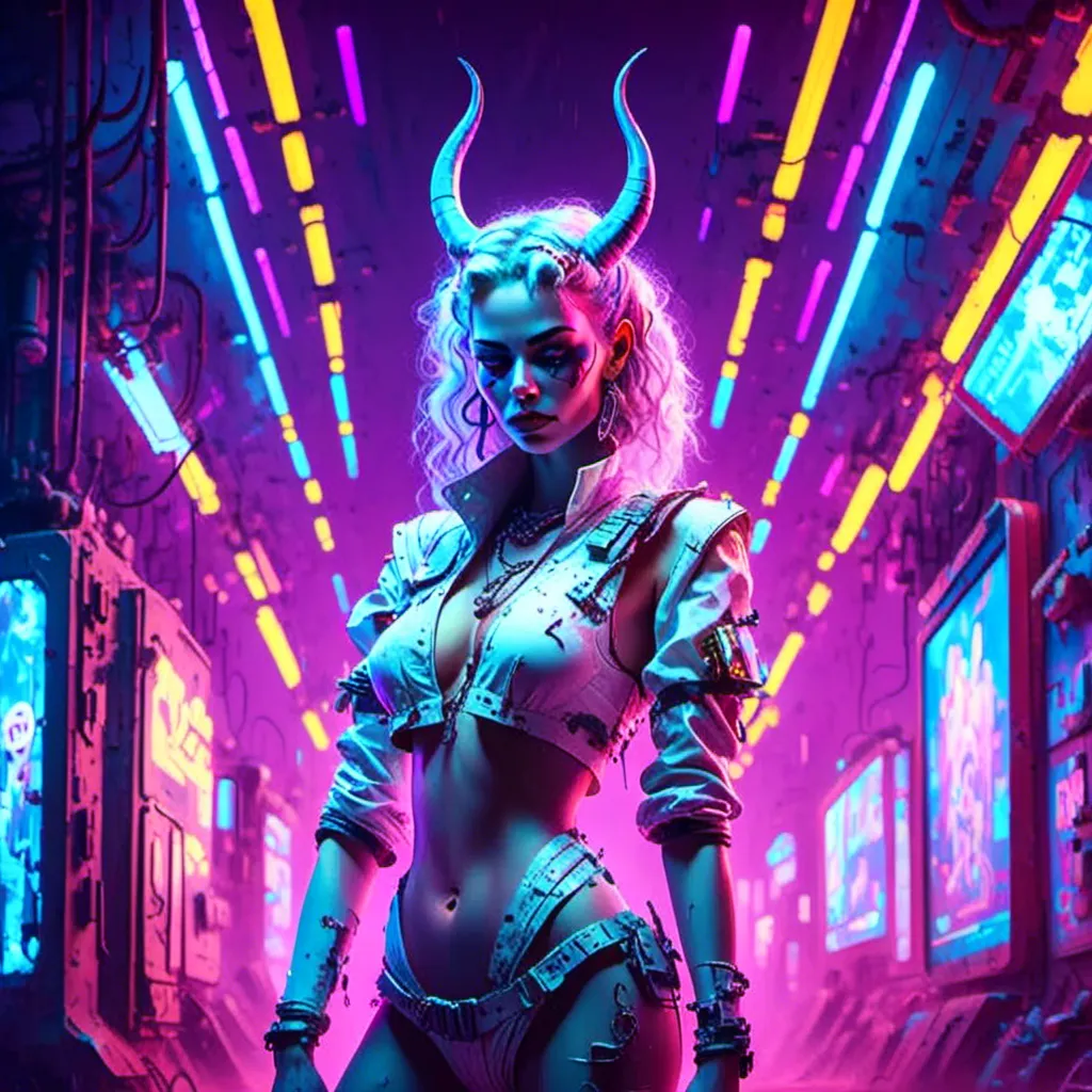 Prompt: a beautiful white female demon in a dynamic pose in a retro futuristic synthwave cyberpunk neon paradise in <mymodel> style.  neon lighting, synthwave, cyber, futuristic city atmosphere, art, illustrated, stylized. 