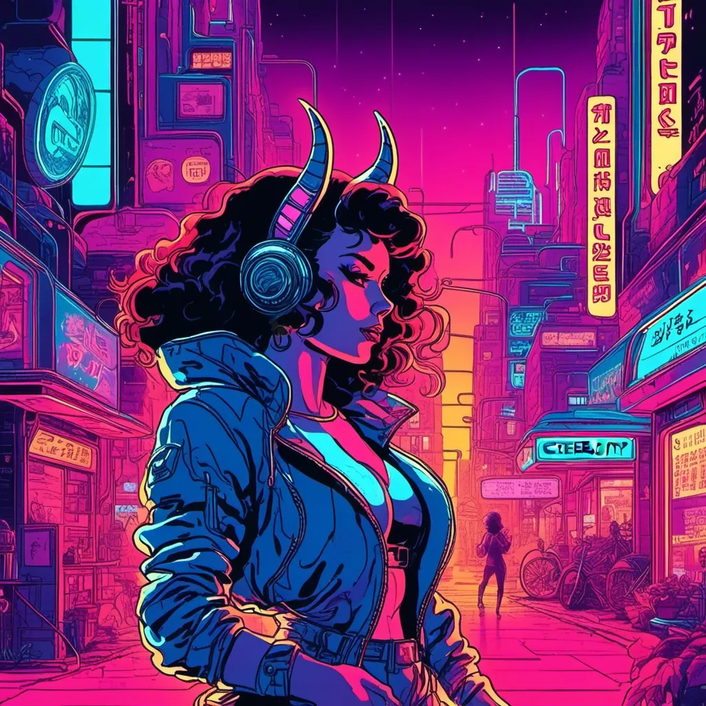 Prompt: a beautiful female demon in a dynamic pose in a retro futuristic synthwave cyberpunk neon paradise in <mymodel> style.  neon lighting, synthwave, cyber, futuristic city atmosphere. 