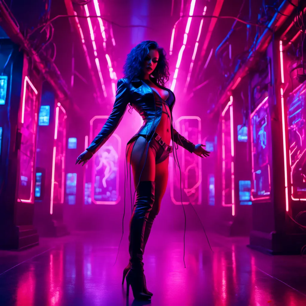 Prompt: a beautiful female demon in a dynamic pose in a retro futuristic synthwave cyberpunk neon paradise in <mymodel> style.  neon lighting, synthwave, cyber, retro, futuristic city atmosphere. 