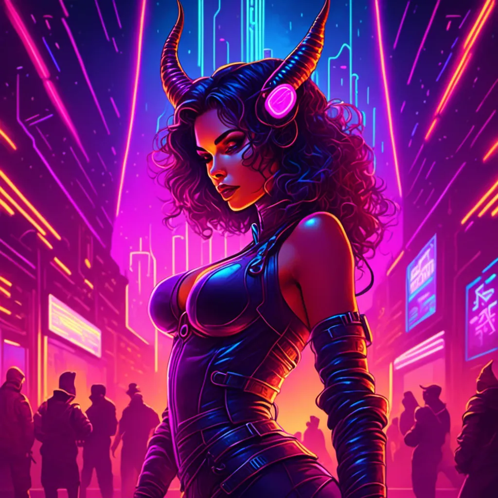 Prompt: a beautiful female demon in a dynamic pose in a retro futuristic synthwave cyberpunk neon paradise in <mymodel> style.  neon lighting, synthwave, cyber, futuristic city atmosphere. 