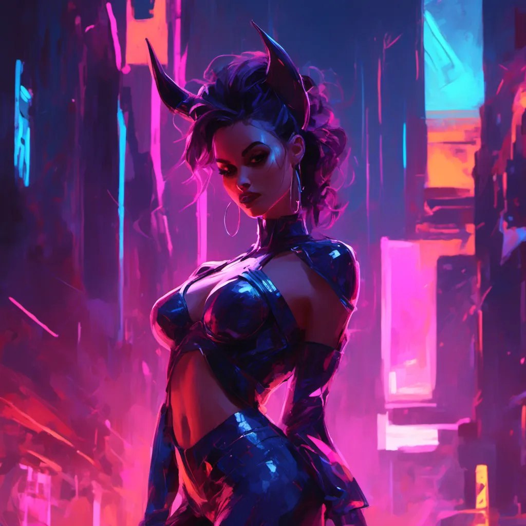 Prompt: a beautiful female demon in a dynamic pose in a retro futuristic synthwave cyberpunk neon paradise in <mymodel> style.  neon lighting, synthwave, cyber, retro, futuristic city atmosphere. 