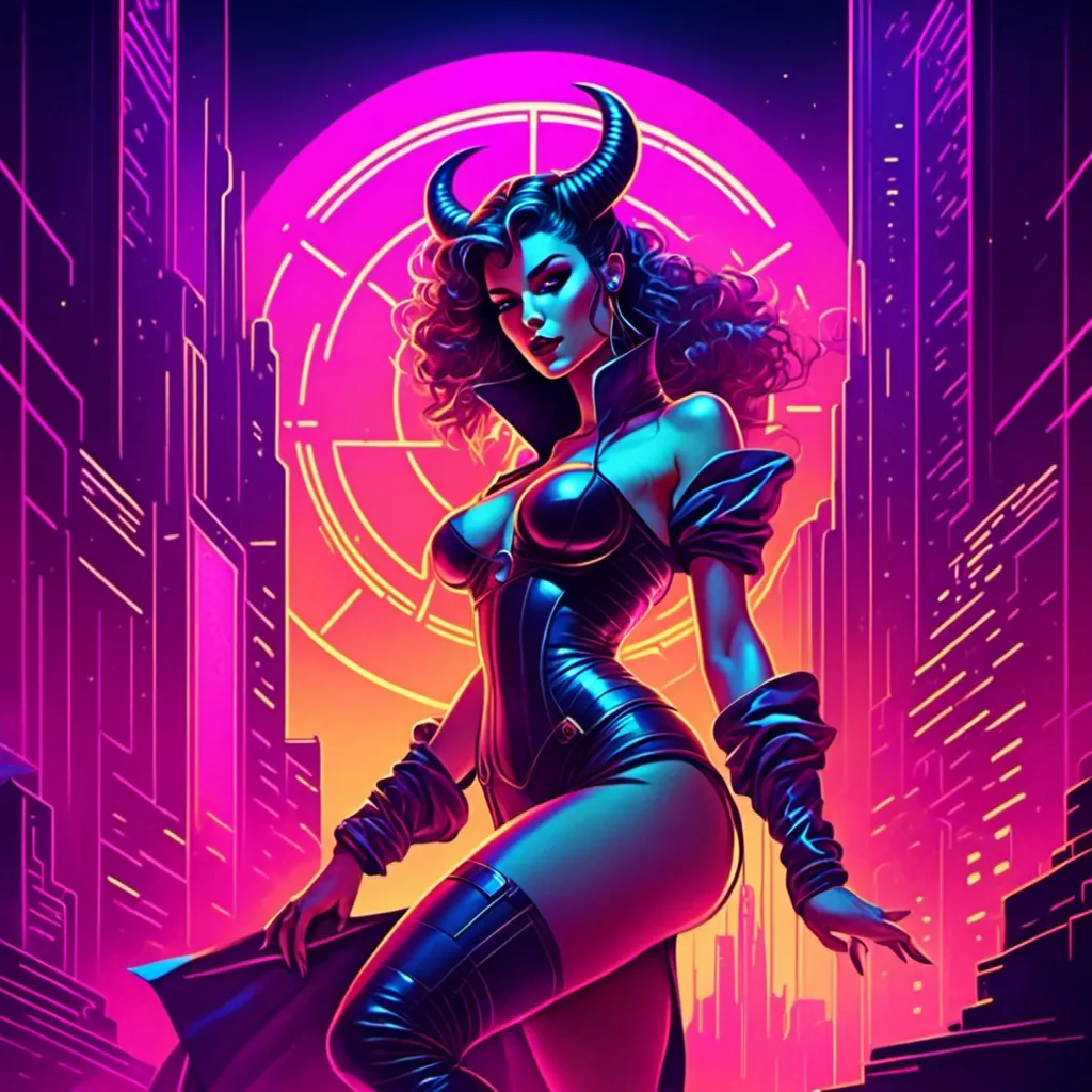 Prompt: a beautiful female demon in a dynamic pose in a retro futuristic synthwave cyberpunk neon paradise in <mymodel> style.  neon lighting, synthwave, cyber, futuristic city atmosphere. 