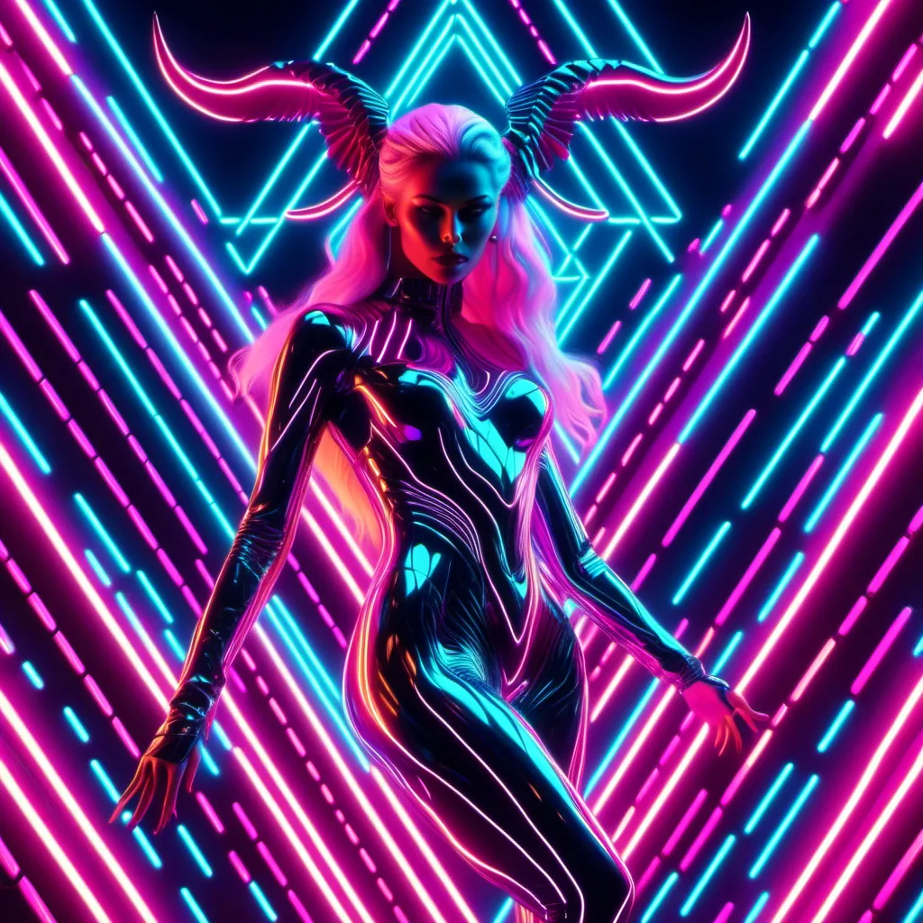 Prompt: <mymodel> a beautiful female demon in a dynamic pose in a retro futuristic synthwave cyberpunk neon paradise.  neon lighting, synthwave, cyber, retro, futuristic 