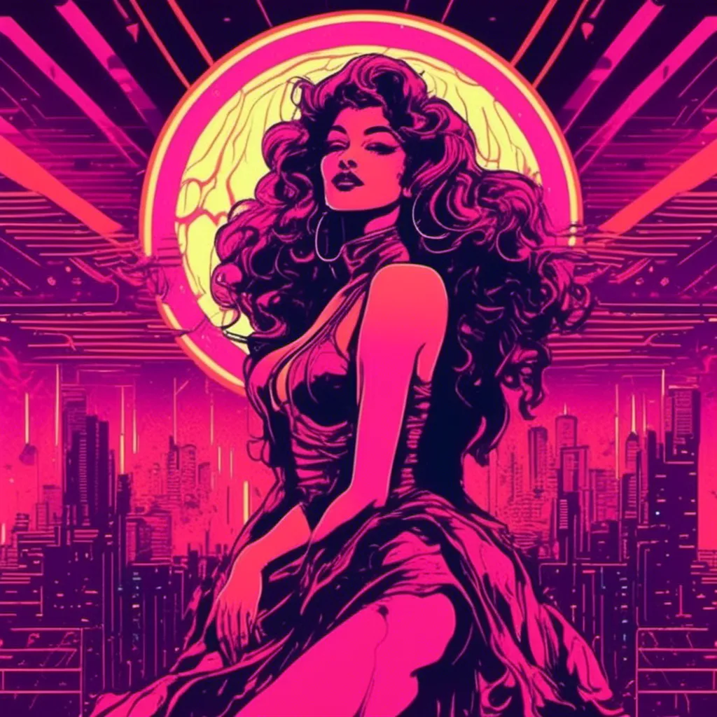 Prompt: a beautiful female demon in a dynamic pose in a retro futuristic synthwave cyberpunk neon paradise in <mymodel> style.  neon lighting, synthwave, cyber, futuristic city atmosphere. 