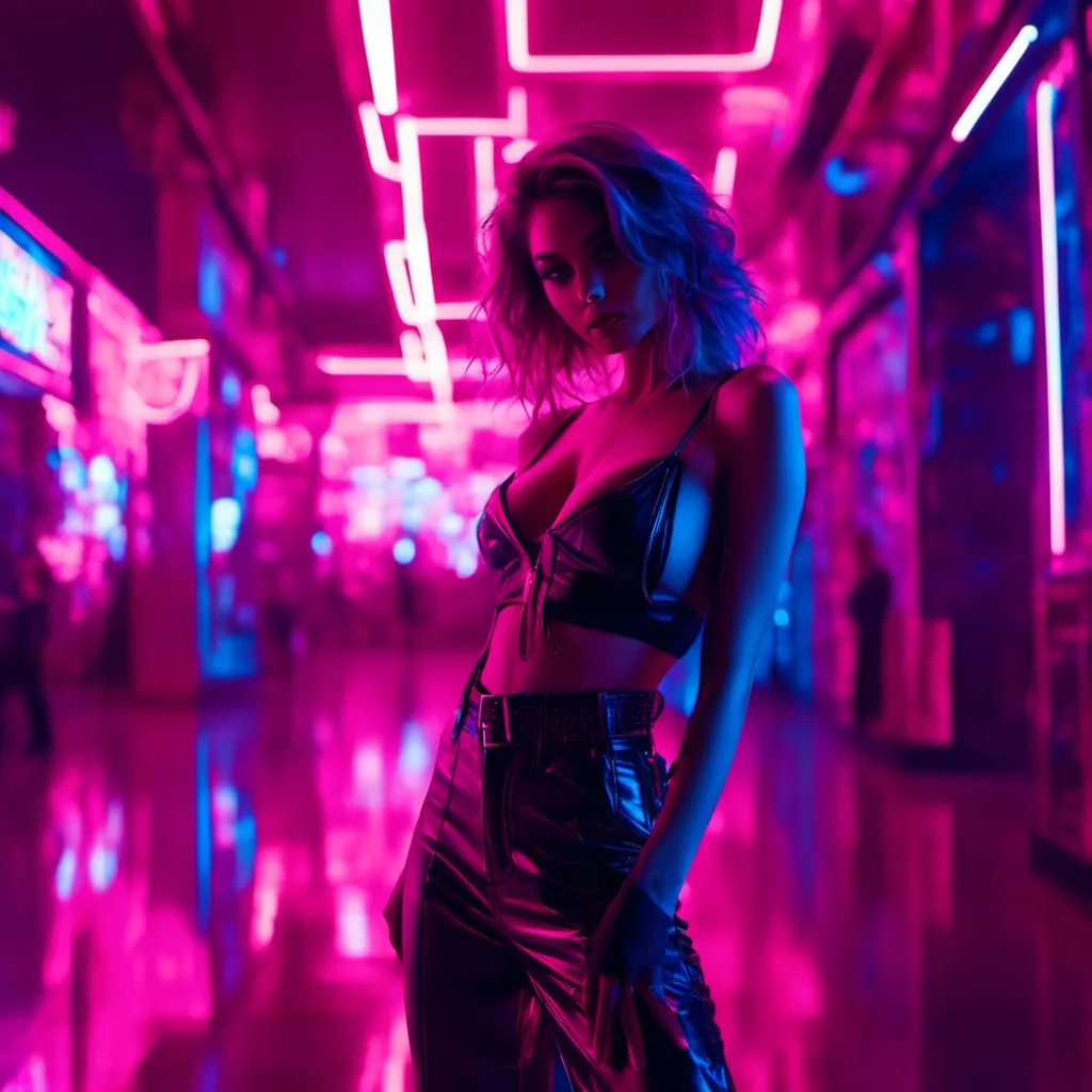 Prompt: a beautiful female demon in a dynamic pose in a retro futuristic synthwave cyberpunk neon paradise in <mymodel> style.  neon lighting, synthwave, cyber, futuristic city atmosphere. 