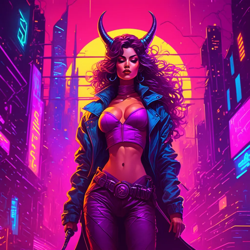 Prompt: a beautiful female demon in a dynamic pose in a retro futuristic synthwave cyberpunk neon paradise in <mymodel> style.  neon lighting, synthwave, cyber, futuristic city atmosphere. 