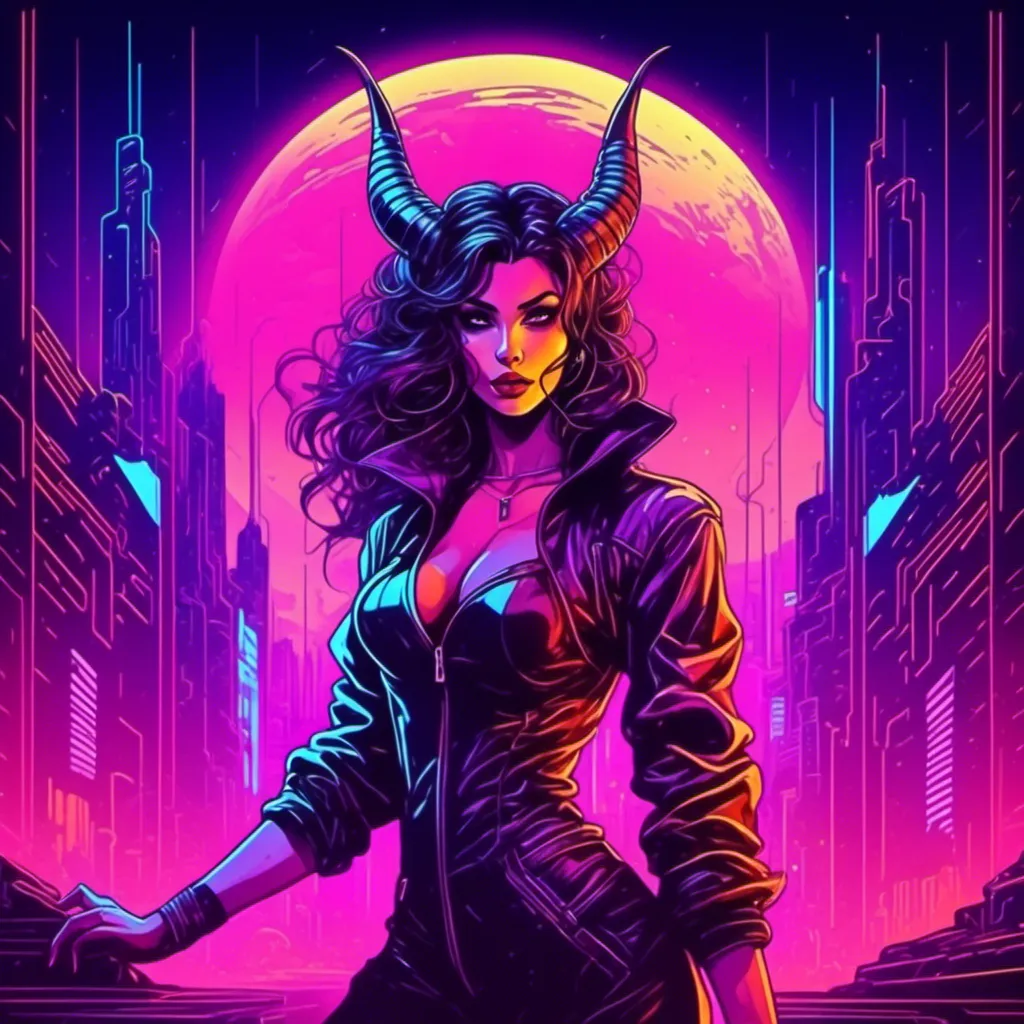 Prompt: a beautiful female demon in a dynamic pose in a retro futuristic synthwave cyberpunk neon paradise in <mymodel> style.  neon lighting, synthwave, cyber, futuristic city atmosphere. 