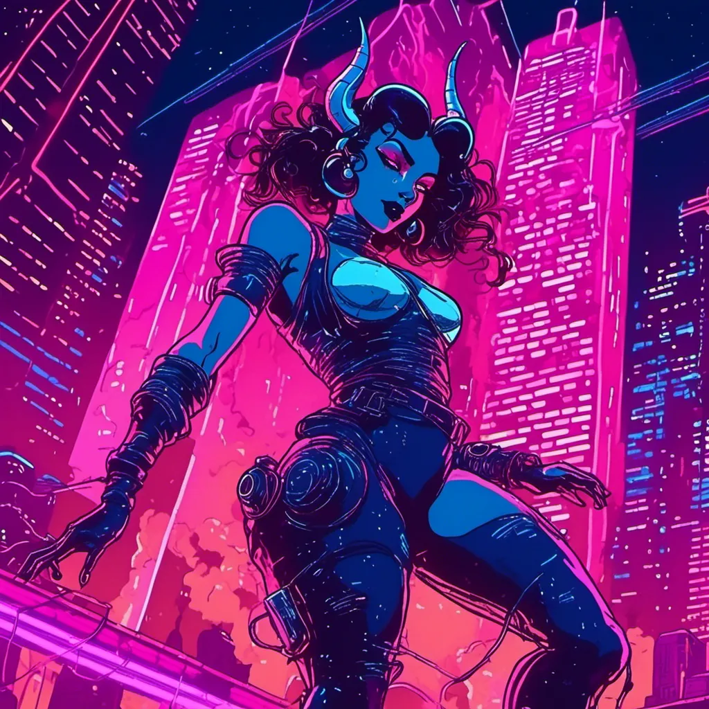 Prompt: a beautiful female demon in a dynamic pose in a retro futuristic synthwave cyberpunk neon paradise in <mymodel> style.  neon lighting, synthwave, cyber, futuristic city atmosphere. 