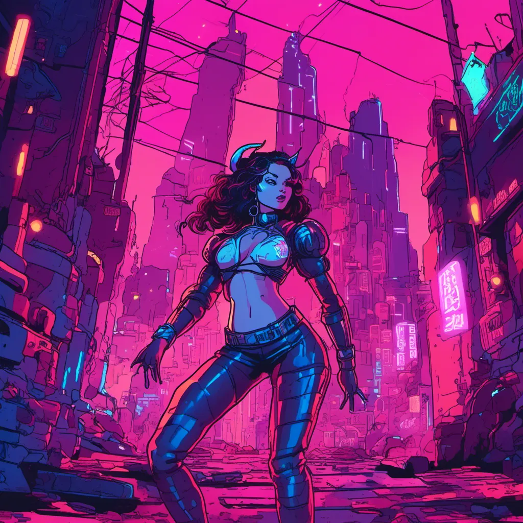 Prompt: a beautiful female demon in a dynamic pose in a retro futuristic synthwave cyberpunk neon paradise in <mymodel> style.  neon lighting, synthwave, cyber, futuristic city atmosphere. 