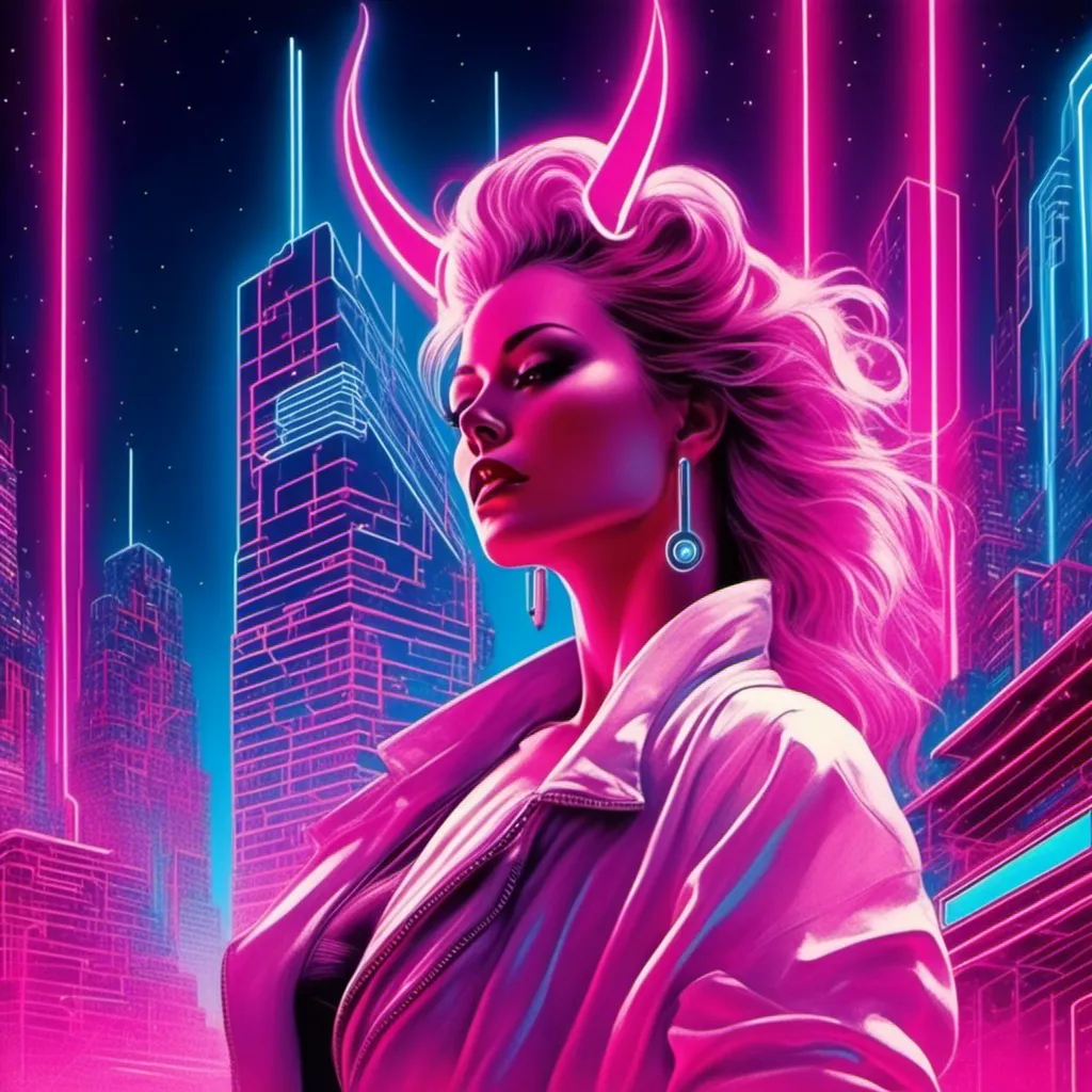 Prompt: a beautiful white female demon in a dynamic pose in a retro futuristic synthwave cyberpunk neon paradise in <mymodel> style.  neon lighting, synthwave, cyber, futuristic city atmosphere, art, illustrated, stylized. 