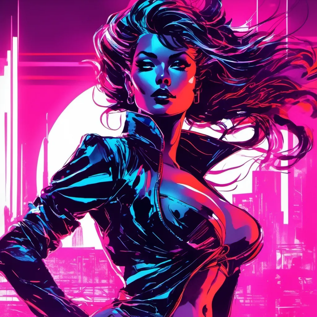 Prompt: Modern sumi-e speed style, dynamic brush strokes, a beautiful female demon in a dynamic pose in a retro futuristic synthwave cyberpunk neon paradise in <mymodel> style.  neon lighting, synthwave, cyber, futuristic city atmosphere, art, illustrated, stylized. 