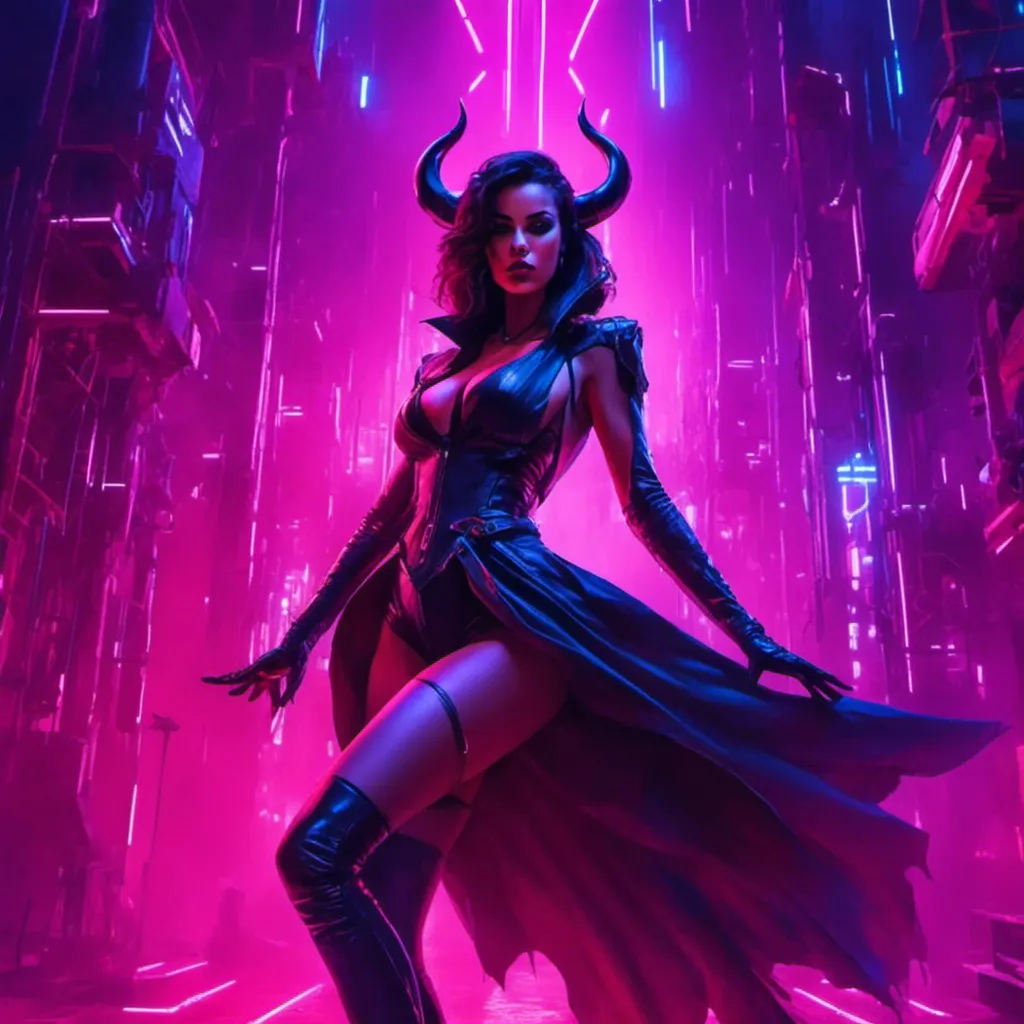 Prompt: a beautiful female demon in a dynamic pose in a retro futuristic synthwave cyberpunk neon paradise in <mymodel> style.  neon lighting, synthwave, cyber, retro, futuristic city atmosphere. 